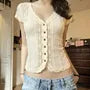 Cap Sleeve V-Neck Lace See-Through Slim-Fit Blouse