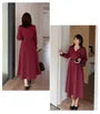 [XL-4XL] Long-Sleeve V-Neck Contrast Trim Double-Breasted Midi A-Line Dress / Belt