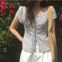 Short Sleeve Scoop Neck Plaid Frill Blouse