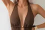 Halter Neck Deep Plunge Plain Open Back Swimsuit