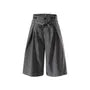 Drawstring-Waist Pleated Loose Jorts with Sash