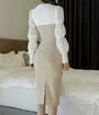 Mock Two-Piece Long-Sleeve Double-Breasted Midi Bodycon Dress
