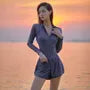 Set: Long-Sleeve Half-Zip Striped Swimsuit + Swim Shorts