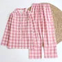 Couple Matching Pajama Set: Long Sleeve Collared Plaid Shirt + Elastic Waist Straight Leg Pants (Various Designs)