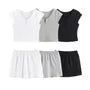Cap-Sleeve Notch Neck Plain Cropped T-Shirt / Elastic Waist Skort