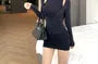 Set: Sleeveless Mock Neck Plain Mini Sheath Dress + V-Neck Button-Up Crop Cardigan