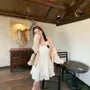Spaghetti Strap V-Neck Eyelet Lace Panel Frill Trim Tie Front Mini A-Line Dress / Plain Cardigan