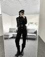 Long-Sleeve Collared Plain Zipped Half-Buttoned Straight Leg Cargo Jumpsuit