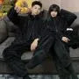 Couple Matching Pajama Set: Plain Fleece Zip Jacket + Pants