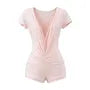 Short-Sleeve V-Neck Plain Lace Panel Ruched Romper