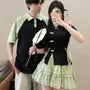 Couple Matching Short-Sleeve Collared Tie Side Frog Buttoned Slit Top / High Waist Plain Frill Trim Mini A-Line Skirt / Elbow-Sleeve Raglan Polo Shirt