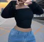 [XL -3XL] Long-Sleeve Square Neck Plain Crop Top