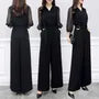Puff-Sleeve V-Neck Plain Tie Waist Wide Leg Jumpsuit