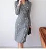 Long-Sleeve Double Breasted Houndstooth Sheath Dress