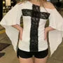 Elbow Sleeve Cold Shoulder Lace Panel Slim-Fit T-Shirt