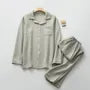 Pajama Set: Long-Sleeve Collared Contrast Trim Shirt + Elastic Waist Straight Leg Pants