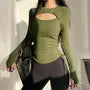 Mock Two-Piece Long-Sleeve Cutout Plain Crop Sports Top