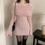Long Sleeve Off Shoulder Plain Cable Knit Mini Bodycon Dress