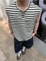 Sleeveless Henley Neck Striped T-Shirt