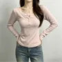 Long-Sleeve Henley Plain Lace Trim Tee