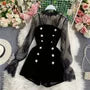 Set: Long Sleeve Mesh Top + Double Breasted Velvet Playsuit