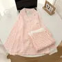 Pajama Set: Long-Sleeve Lapel Collar Plaid Lace Trim Button-Up Top + Pants