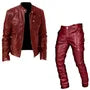 Set: Stand Collar Plain Faux Leather Zip Biker Jacket + Mid Rise Straight Leg Cargo Pants