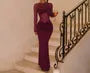Long Sleeve Crew Neck Plain Ruched Panel Lace Maxi Sheath Dress