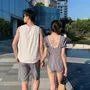Couple Matching Short-Sleeve Plaid Swimsuit / Beach Shorts