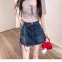 High Waist Asymmetrical Washed Denim Mini A-Line Skort