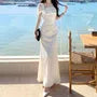 Short-Sleeve Off Shoulder Plain Ruched Maxi A-Line Dress