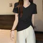 Short-Sleeve V-Neck Plain Ruched Asymmetrical Tee