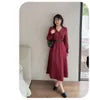 [XL-4XL] Long-Sleeve V-Neck Contrast Trim Double-Breasted Midi A-Line Dress / Belt