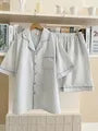 Couple Matching Striped Ruffle Pajama Camisole Top / Straight Leg Pants / Short Sleeve Collared Shirt / Shorts / Set