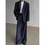 Notch Lapel Washed Single Breasted Denim Blazer / High Waist Wide Leg Jeans