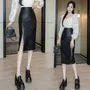 High Rise Plain Slit Faux Leather Midi Pencil Skirt