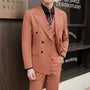 Set: Peak Lapel Melange Double-Breasted Blazer + V-Neck Vest + Mid Rise Straight Leg Dress Pants