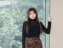 Plus Size Long-Sleeve Mock Neck Plain Mesh Panel Tee