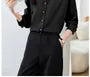 Long-Sleeve V-Neck Collared Plain Button-Up Satin Blouse