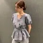 Puff-Sleeve V-Neck Plain Peplum Blouse