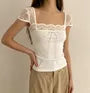 Short Sleeve Square-Neck Lace Panel Tie-Front Slim-Fit Top