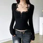 Long Sleeve Square-Neck Accent Lace-Trim Plain Slim-Fit Crop Top