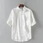 Elbow-Sleeve Stand Collar Linen Plain Shirt