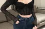 Long-Sleeve Mock Neck Cutout Lace Bustier Top