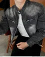 Band Collar Washed Zip Denim Jacket