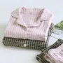 Couple Matching Pajama Set: Long Sleeve Collared Plaid Shirt + Elastic Waist Straight Leg Pants (Various Designs)