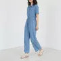 Short-Sleeve Button-Up Drawstring Denim Jumpsuit