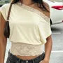 Short Sleeve Cold Shoulder Lace-Trim Plain Slim-Fit Crop Top