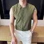 Sleeveless Collared Plain Textured Button Up Shirt