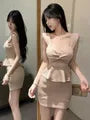 Sleeveless Square Neck Plain Peplum Mini Sheath Dress